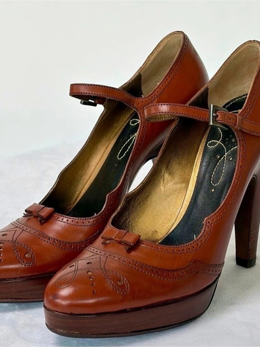 Prada Brown Leather Brogue Mary Jane Platform Heels EU 37.5
